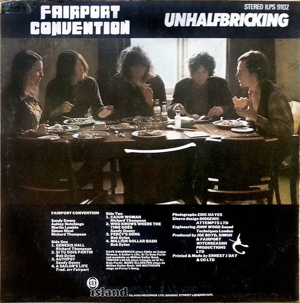 Image of Back Cover of LP - G+/G+ - FAIRPORT CONVENTION, Unhalfbricking (Island Pink/Black Circle Logo; ILPS 9102, UK 1969, 1st Pressing), Hairlines and a few heavier marks that look worse than they sound. Small split on spine and small rip on sleeve rear. ,  - 2926356E