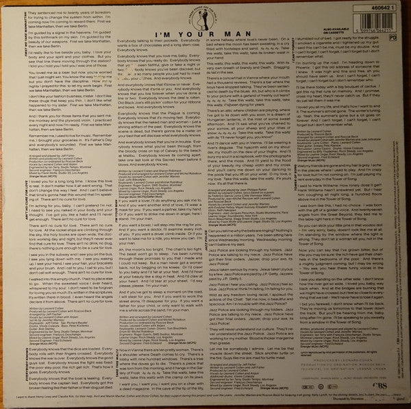 Image of Back Cover of LP - VG/G+ - LEONARD COHEN, I'm Your Man (CBS; 460642 1, UK 1988), Edge wear and creasing. Logo at top rear cover is colored in with highlighter.,  - 3746219S
