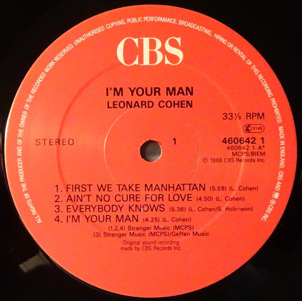 Image of Label Cover of LP - VG/G+ - LEONARD COHEN, I'm Your Man (CBS; 460642 1, UK 1988), Edge wear and creasing. Logo at top rear cover is colored in with highlighter.,  - 3746219S