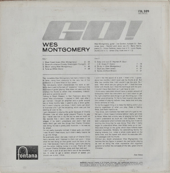 Image of Back Cover of 4024125E: LP - WES MONTGOMERY, Go! (Fontana; FJL109, UK 1964, Mono)   G/VG