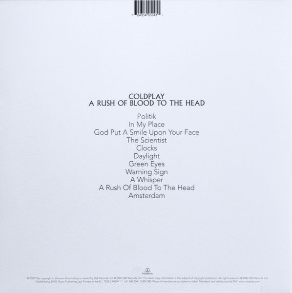 Image of Back Cover of LP - VG/G+ - COLDPLAY, A Rush Of Blood To The Head (Parlophone; 7243 5 40504 1 1, Europe 2002, Hype Stickered (No Q Awards) Gatefold, Inner, 180 Gram Vinyl, First Pressing, 2 pressing rings), NO hype sticker, light scratches & hairlines, sticker mark, light edge & ring wear,  - 4146023S