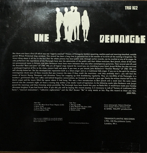 Image of Back Cover of LP - VG/VG - THE PENTANGLE, The Pentangle (Transatlantic White / Purple; TRA162, UK 1968, Laminated Sleeve), Nice and glossy, A few hairline marks, Bit of ring wear and a spot of laminate bubbling to sleeve. ,  - 2316484C