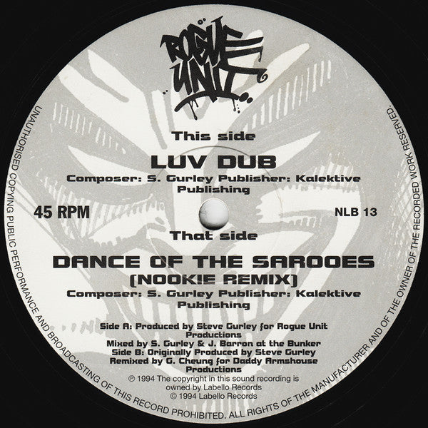 Image of Label Cover of 12" - VG/VG - ROGUE UNIT, Luv Dub / Dance of the Sarooes (Nookie Remix) (Labello Blanco; NLB 13, UK 1994, Picture Sleeve), Light marks only,  - 3226061E