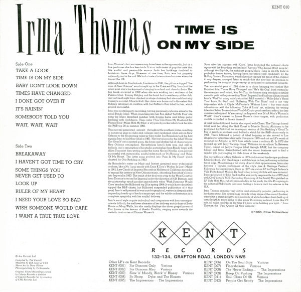 Image of Back Cover of 2214621C: LP - IRMA THOMAS, Time Is On My Side (Kent Records; KENT 010, UK 1983) Sleeve has bent / pinched corner. Edge and corner wear and split in spine  VG/VG+