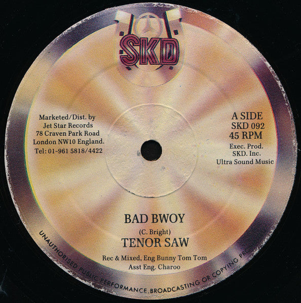 Image of Back Cover of 12" - /VG+ - TENOR SAW, Bad Bwoy (SKD; SKD092, UK 1980s), Lightest of marks.,  - 4326218E