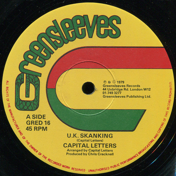 Image of Label Cover of 12" - VG+/VG - CAPITAL LETTERS, U.K. Skanking / Run Run Run (Greensleeves Records; GRED 16, UK 1979, Company Sleeve), Light marks only. SWOL.,  - 3716024C