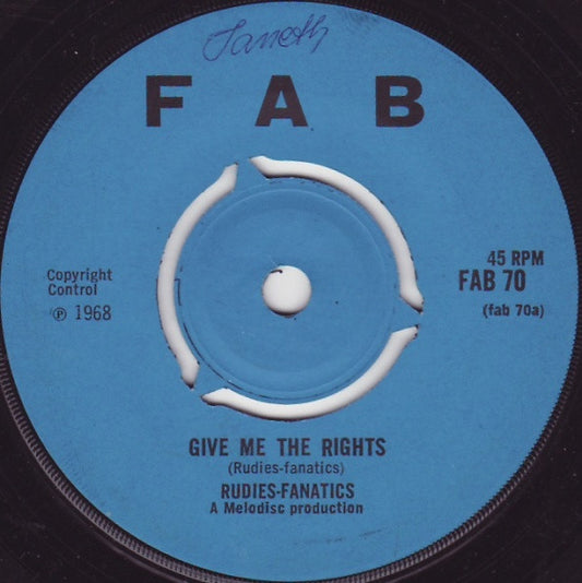 Image of Front Cover of 1215102C: 7" - THE RUDIES, Give Me The Rights / I Do Love You (Fab; FAB 70, UK 1968, 3-Prong Centre) Lots of marks and scuffs, plays above grade. No centre piece, clean labels.  /G+