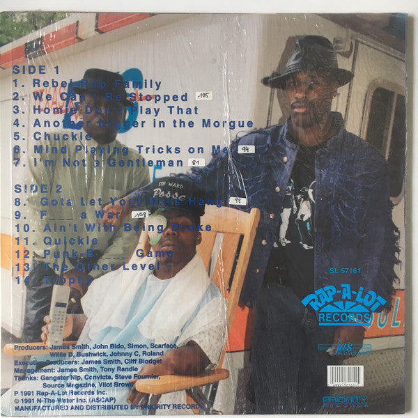 Image of Back Cover of LP - VG/G - GETO BOYS, We Can't Be Stopped (Rap-A-Lot; SL 57161, US 1991), Record marked and has deeper ones on B-side (which click lightly when played through). Sleeve slightly worn at opening and edges,  - 0916414C