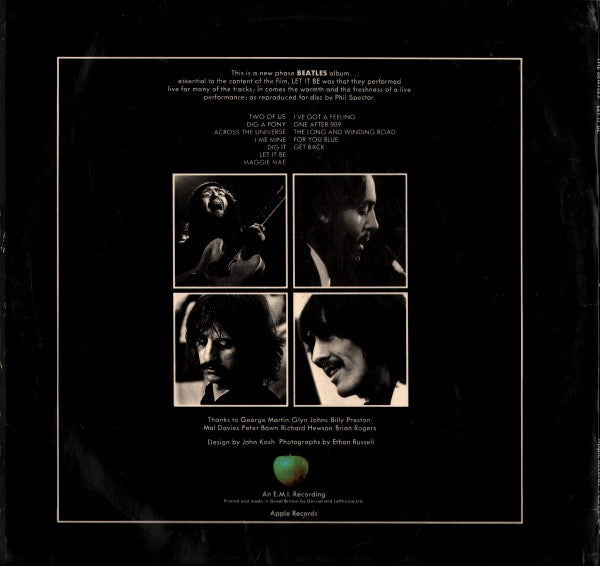 Image of Back Cover of LP - VG/G+ - THE BEATLES, Let It Be (Apple; PCS7096, UK 1970, Green Apple Logo on Rear Sleeve, Fully Laminated, Repress. Matrix -2U or 3U), Edge and Ring Wear. Audible mark on A2, otherwise closer to a strong VG.,  - 0346290S