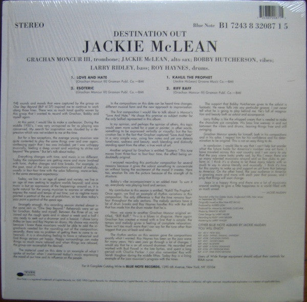 Image of Back Cover of LP - VG+/EX - JACKIE MCLEAN, Destination Out (Blue Note; B1 7243 8 32087 1 5, US 1995 Reissue), ,  - 4525013E