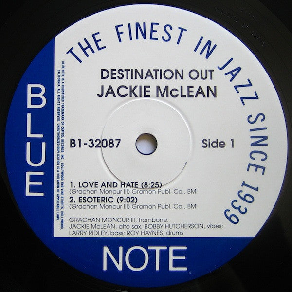 Image of Label Cover of LP - VG+/EX - JACKIE MCLEAN, Destination Out (Blue Note; B1 7243 8 32087 1 5, US 1995 Reissue), ,  - 4525013E