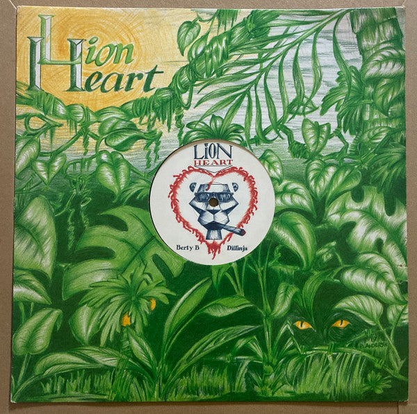 Image of Front Cover of 12" - VG/G+ - BERTY B & DILLINJA, Lion Heart / Art Of Control (Lion Heart; BERT 1, UK 1994, Company Sleeve), Record has lots of lighter marks, but plays above grade. Sleeve a bit worn and creased in places. Label has some writing in biro scribbled out,  - 3116403C