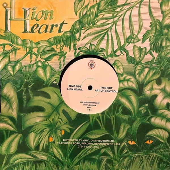 Image of Back Cover of 12" - VG/G+ - BERTY B & DILLINJA, Lion Heart / Art Of Control (Lion Heart; BERT 1, UK 1994, Company Sleeve), Record has lots of lighter marks, but plays above grade. Sleeve a bit worn and creased in places. Label has some writing in biro scribbled out,  - 3116403C