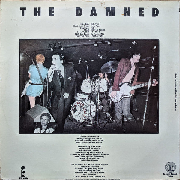 Image of Back Cover of 4624221E: LP - THE DAMNED, Damned, Damned, Damned (Stiff; SEEZ1, UK 1977, Laminated Sleeve, Island Pressing) Many marks on vinyl. Some surface noise in places. Click during New Rose for a few rotations.  VG/G