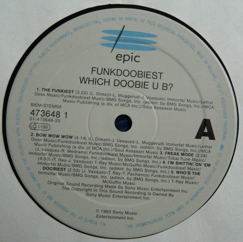 Image of Label Cover of 4925029E: LP - FUNKDOOBIEST, Which Doobie U B? (Epic ; 473648 1, UK & Europe 1993, Picture Sleeve) Sleeve has heavy edgewear and creasing. Many marks on the vinyl but nothing too serious.  G+/G+