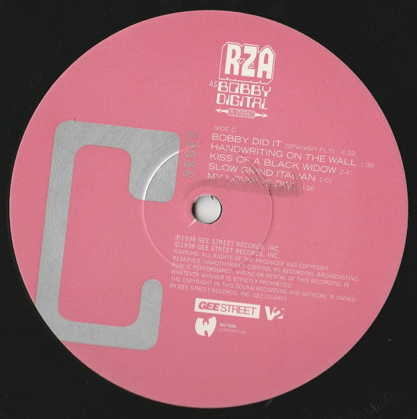 Image of Label Cover of 2xLP - VG/G+ - RZA, As Bobby Digital in Stereo (Gee Street; GEE1003801, UK 1998, Picture Sleeve, 2 Inners, Wu Tang), Borderline VG, Edge / Ring Wear,  - 3446289S