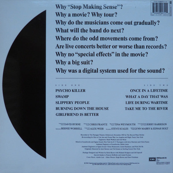 Image of Back Cover of LP - VG/VG+ - TALKING HEADS, Stop Making Sense (EMI; 4994711, UK 1999 Reissue, Inner, 180g), Large corner crease on sleeve.,  - 2516459C