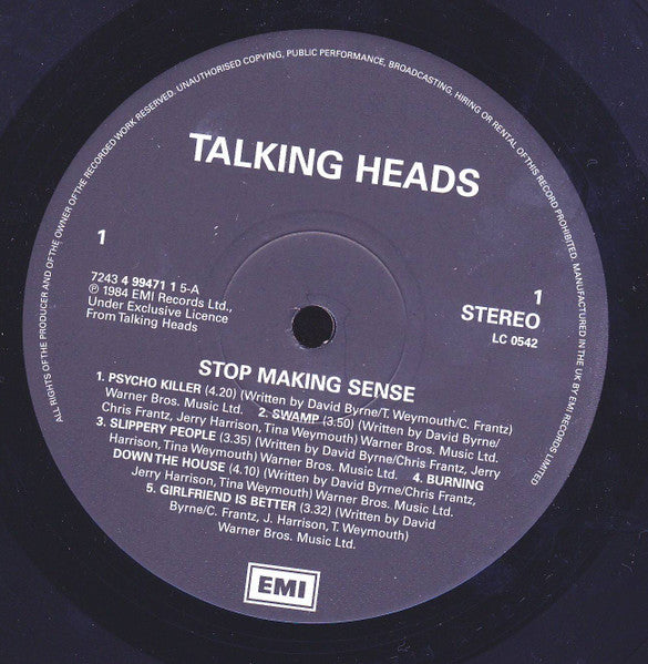 Image of Label Cover of LP - VG/VG+ - TALKING HEADS, Stop Making Sense (EMI; 4994711, UK 1999 Reissue, Inner, 180g), Large corner crease on sleeve.,  - 2516459C