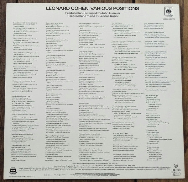 Image of Back Cover of LP - VG/VG+ - LEONARD COHEN, Various Positions (CBS; 465569, UK 1984, Includes Original Version of "Hallelujah"), Edge wear. ,  - 1446216S