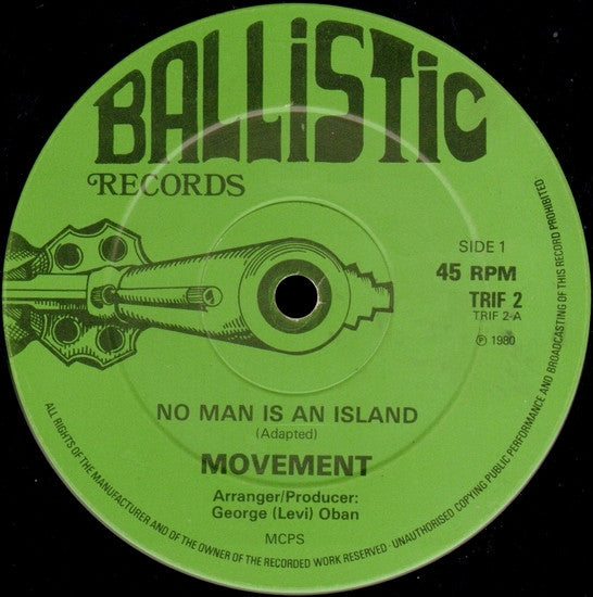 Image of Front Cover of 12" - /VG+ - MOVEMENT / JAMDOWN PLAYERS, No Man Is An Island /Lev's Choice (Ballistic; TRIF2, UK 1980), one or two light scuffs - still VG+. plain sleeve,  - 3146119S