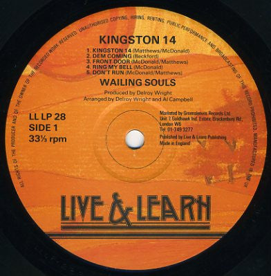 Image of Label Cover of LP - VG+/VG+ - WAILING SOULS, Kingston 14 (Live & Learn Records; LL LP 28, UK 1987), Light hairline mark.,  - 4126069E