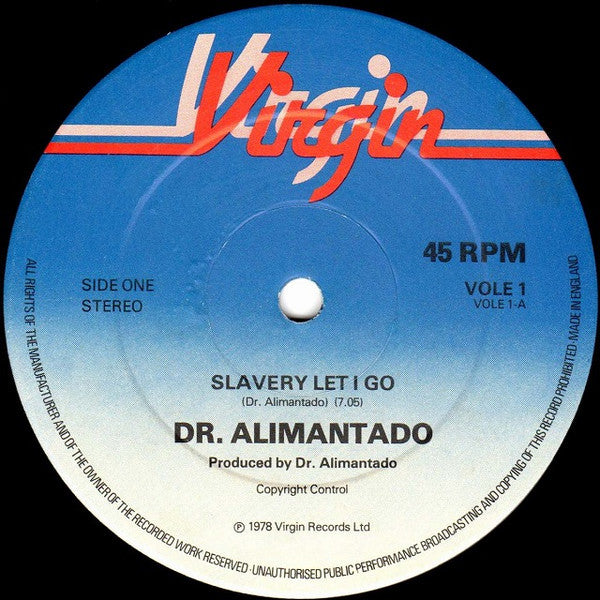 Image of Label Cover of 1244351S: 12" - DOCTOR ALIMANTADO & THE REBELS, Slavery Let I Go / Find The One (Virgin; VOLE 1, UK 1978, Company Sleeve, Inner) Heavy spine wear on sleeve, ringwear.  G+/VG+