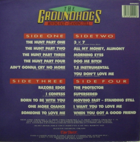 Image of Back Cover of 4115238C: 2xLP - GROUNDHOGS, Moving Fast - Standing Still (Raw Power; RAWLP021, UK 1986, Gatefold) Sleeve varnish removed in top right corner from sticker  VG/VG+