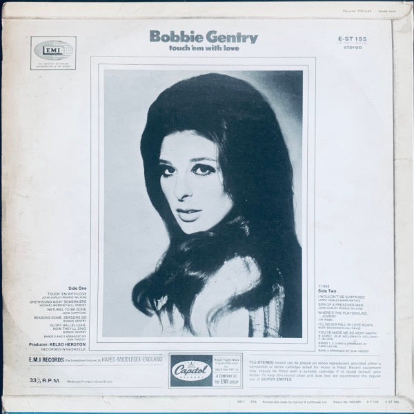 Image of Back Cover of LP - VG+/VG - BOBBIE GENTRY, Touch 'Em With Love (Capitol Black and Silver Label; EST155, UK 1969, Flipback Sleeve, Stereo), Strong VG,  - 3126048E