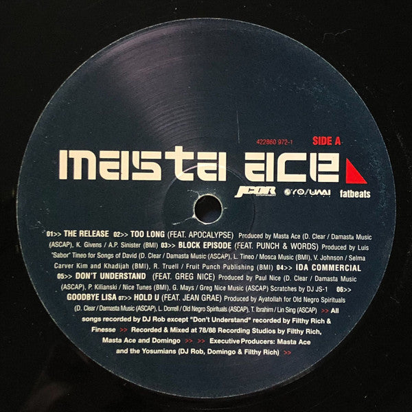 Image of Label Cover of 2xLP - VG/G+ - MASTA ACE, Disposable Arts (JCOR; 422860948-1, US 2001, Stickered Plain Sleeve), Marks on disc. Plays well above grade. Sticker residue on labels & run out groove. Ringwear on sleeve.,  - 3726249E
