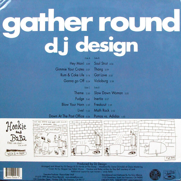 Image of Back Cover of 2xLP - VG/G+ - DJ DESIGN, Gather Round (Stones Throw Records; STH2023, US 2000, Picture Sleeve), Harsh grading, discsc have hairlines and scuffs but play well, sleeve still in shrink wrap but shows minor edgewear.,  - 3115078C