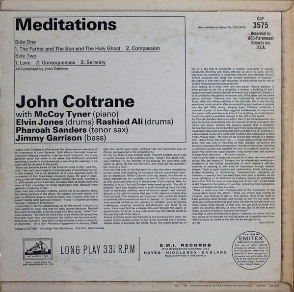 Image of Back Cover of LP - VG/G+ - JOHN COLTRANE, Meditations (HMV; CLP 3575, UK 1966, Flipback Sleeve, Mono), Mark on disc on Side 2 which makes a noise for a few rotations. Crackle and pop elsewhere.,  - 4426014E