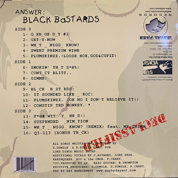 Image of Back Cover of 5014249C: 2xLP - KMD, Bl_ck B_st_rds (Sub Verse Music; SVM 15, US 2001 Reissue) Sleeve has shrink-wrap partly on it, with some light wear at opening and corners  VG+/VG+