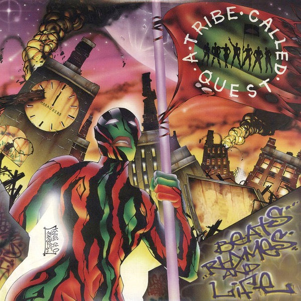 Image of Front Cover of 2xLP - F/G - A TRIBE CALLED QUEST, Beats, Rhymes & Life (Jive; 01241-41587-1, US 1996, Picture Sleeve, "STERLING" in runout), Lots of marks and scuffs on records, though mostly lighter. A larger and deeper mark across track C4 clicks loudly when played through. Sleeve has large patch of damage on reverse (text and illustration completely ripped off). Spine pinched and corners very creased and worn,  - 3416501C