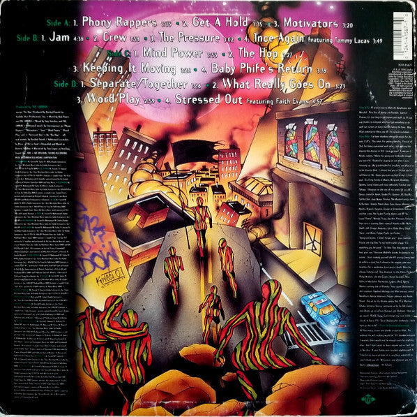 Image of Back Cover of 2xLP - F/G - A TRIBE CALLED QUEST, Beats, Rhymes & Life (Jive; 01241-41587-1, US 1996, Picture Sleeve, "STERLING" in runout), Lots of marks and scuffs on records, though mostly lighter. A larger and deeper mark across track C4 clicks loudly when played through. Sleeve has large patch of damage on reverse (text and illustration completely ripped off). Spine pinched and corners very creased and worn,  - 3416501C