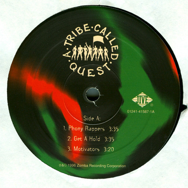 Image of Label Cover of 2xLP - F/G - A TRIBE CALLED QUEST, Beats, Rhymes & Life (Jive; 01241-41587-1, US 1996, Picture Sleeve, "STERLING" in runout), Lots of marks and scuffs on records, though mostly lighter. A larger and deeper mark across track C4 clicks loudly when played through. Sleeve has large patch of damage on reverse (text and illustration completely ripped off). Spine pinched and corners very creased and worn,  - 3416501C