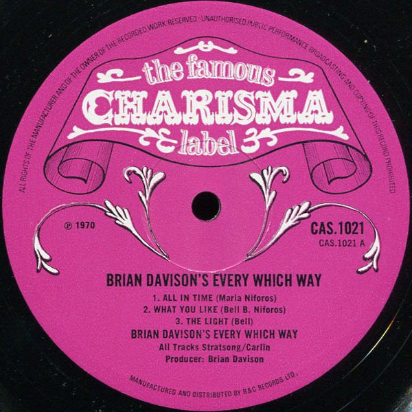 Image of Label Cover of LP - VG/VG+ - BRIAN DAVISON, Every Which Way (Charisma Pink; CAS 1021, UK 1970, Laminated Sleeve, Ex-Nice Drummer), ,  - 1226277E