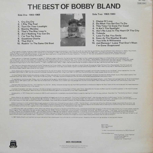 Image of Back Cover of LP - VG/G+ - BOBBY BLAND, The Best Of Bobby Bland (MCA Blue Rainbow; MCL 1673, UK 1982), Side two fogged. Sleeve has discolouration and audio sticker on reverse. Some light wear,  - 1916336C