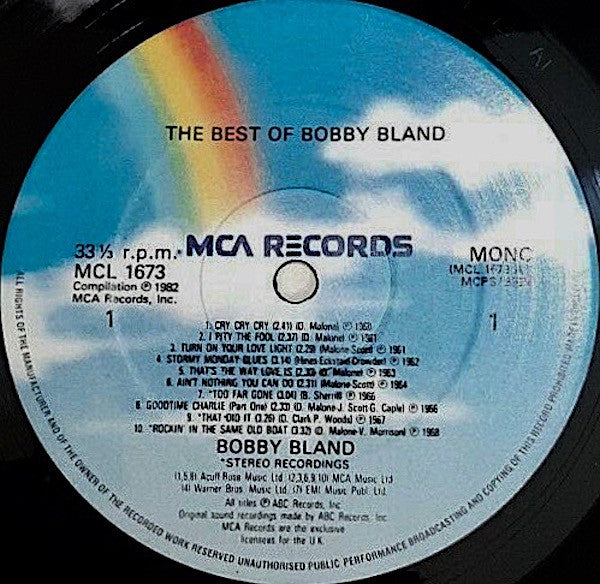 Image of Label Cover of LP - VG/G+ - BOBBY BLAND, The Best Of Bobby Bland (MCA Blue Rainbow; MCL 1673, UK 1982), Side two fogged. Sleeve has discolouration and audio sticker on reverse. Some light wear,  - 1916336C