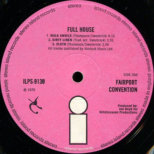 Image of Label Cover of LP - G+/VG - FAIRPORT CONVENTION, Full House (Island Pink/i logo; ILPS9130, UK 1970, Textured gatefold sleeve with black box over track titles on rear sleeve), Water Damage at Sleeve Opening,  - 0826313E