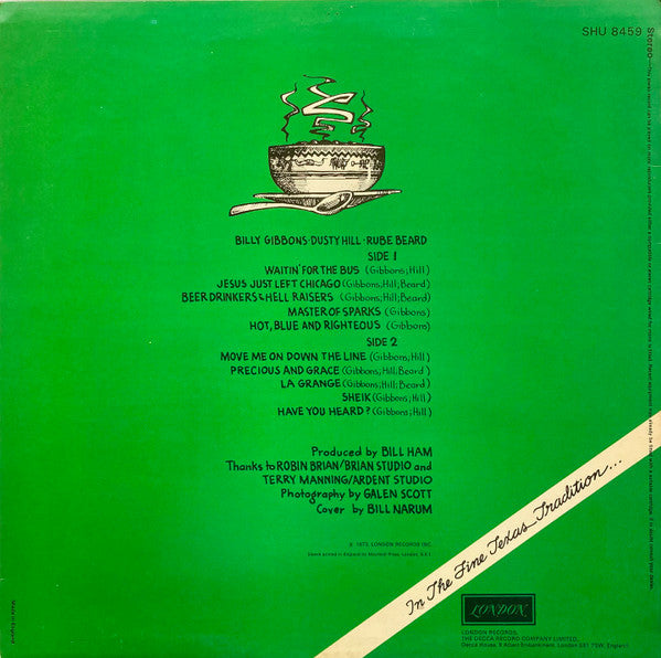 Image of Back Cover of 3145071S: LP - ZZ TOP, Tres Hombres (London Purple; SHU8459, UK 1973) Strong VG. Light ring and edge wear.  VG/VG