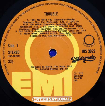 Image of Label Cover of LP - VG+/VG - WHITESNAKE, Trouble (EMI; INS3022, UK 1978, Textured Sleeve, Inner With Curved Corners), One light scratch,  - 4446024S