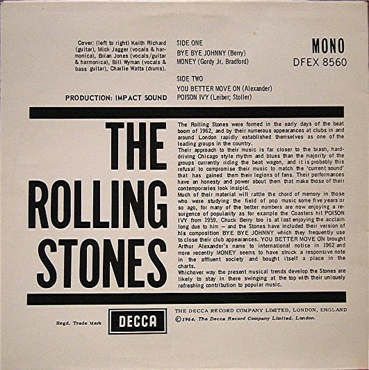 Image of Back Cover of 4515216C: 12" EP - THE ROLLING STONES, The Rolling Stones (Decca; DFEX 8560, UK 1982 Reissue, Picture Sleeve, Mono)   VG/VG