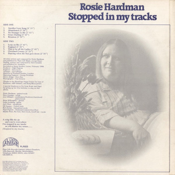 Image of Back Cover of 2514444C: LP - ROSIE HARDMAN, Stopped In My Tracks (Plant Life; PLR 023, UK 1980, Insert) Strong VG+  VG/VG+