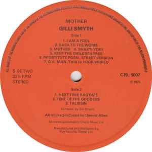 Image of Label Cover of 2444106S: LP - GILLI SMYTH, Mother (Charly; CRL5007, UK 1978, Gong)   VG+/VG