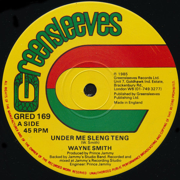 Image of Label Cover of 12" - G/VG - WAYNE SMITH / MICHAEL BUCKLEY, Under Me Sleng Teng / Dance Gate (Greensleeves Records; GRED 169, UK 1985, Company Sleeve), Marks on either side of record. Company sleeve is torn by the centre hole.,  - 2846169S