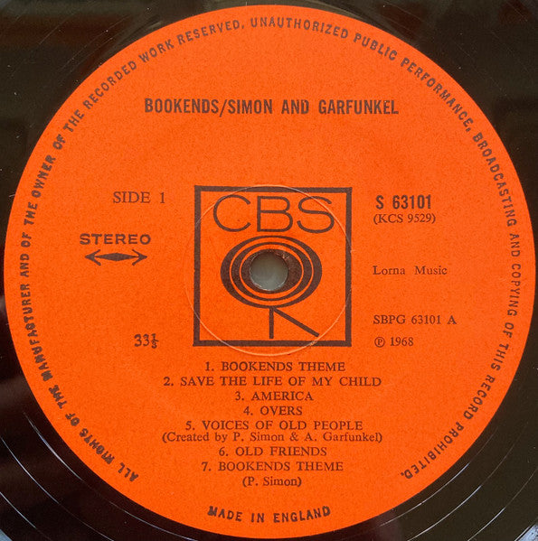 Image of Label of 3624094E: LP - SIMON AND GARFUNKEL, Bookends (CBS Orange (33 1/3 On Label); 63101, UK 1970 Reissue, Laminated Front Sleeve, Shorewood Sleeve, Stereo Sticker on Reverse)   VG+/VG