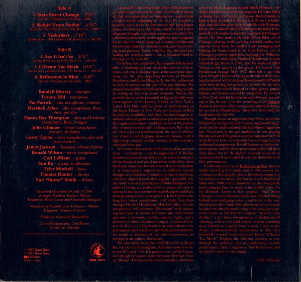 Image of Back Cover of 5014298C: LP - SUN RA ARKESTRA, Reflections In Blue (Black Saint; BSR 0101, Italy 1987) Sleeve has small bumped corner  VG+/VG+