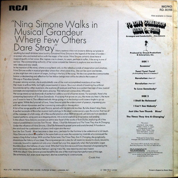 Image of Back Cover of LP - G+/G+ - NINA SIMONE, To Love Somebody (RCA; RD8018, UK 1969, Mono), Top seam taped on cover. Light hairlines on disc.,  - 2646055S