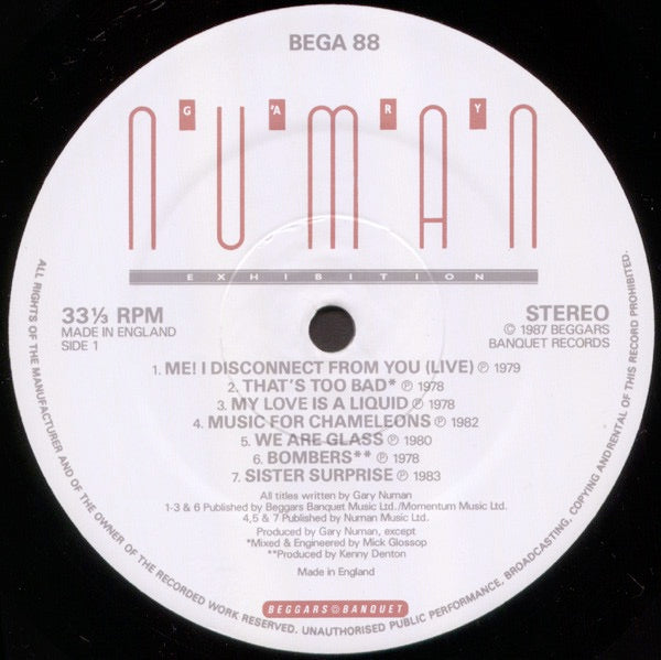 Image of Label Cover of 2xLP - VG/G+ - GARY NUMAN, Exhibition (Greatest Hits) (Beggars Banquet; BEGA 88, UK 1987, Textured Gatefold Sleeve, Booklet & Inners), Light marks only, Sleeve a bit dirty,  - 2316322C
