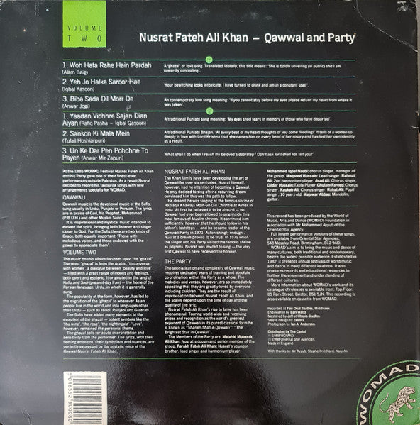 Image of Back Cover of 0225299E: LP - NUSRAT FATEH ALI KHAN, Qawwal & Party Vol 2 (Womad; 008, UK 1988)   VG+/VG+